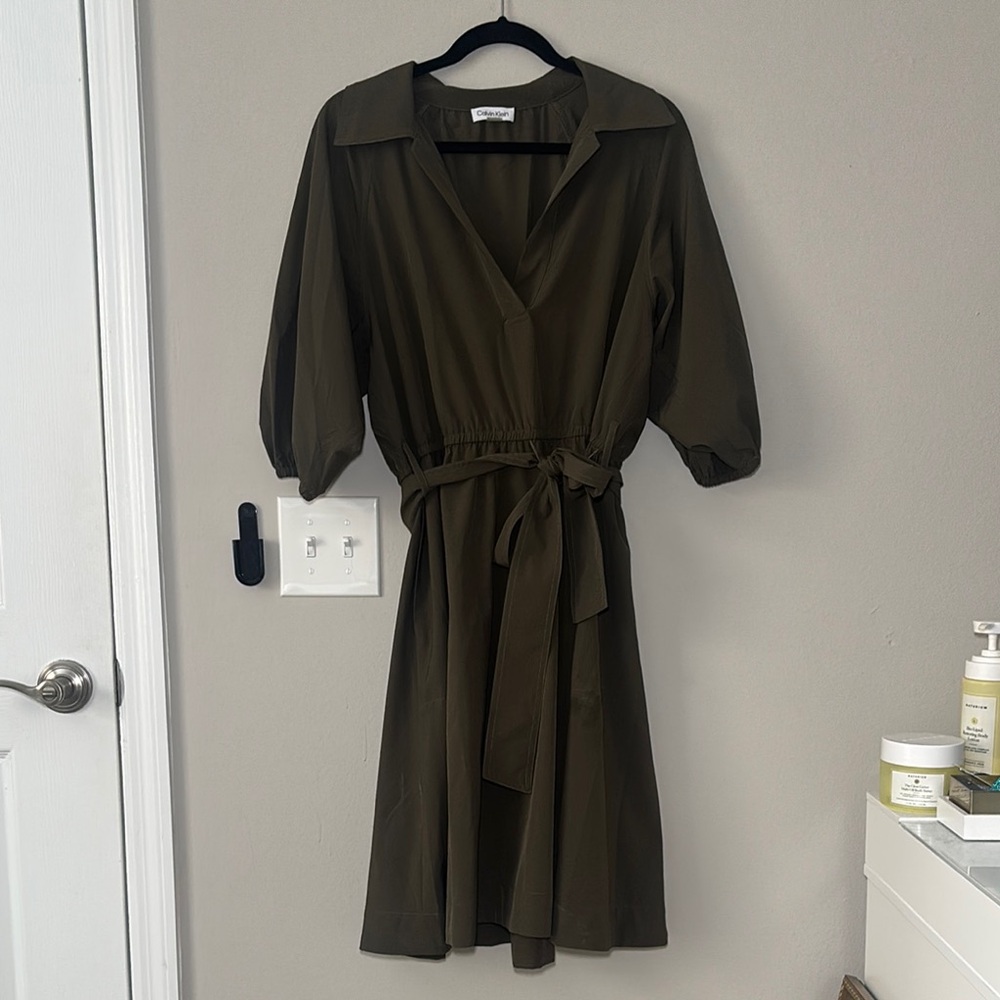 Calvin Klein Olive Wrap Waist Midi Dress